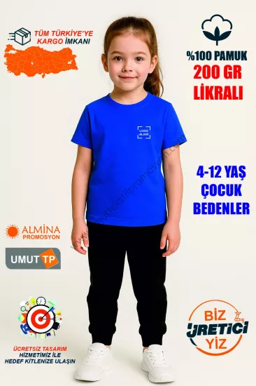 Toptan %100 Pamuk Saks Mavi Çocuk Tişört İmalatı
