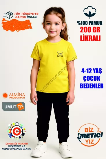 Toptan %100 Pamuk Sarı Çocuk Tişört İmalatı