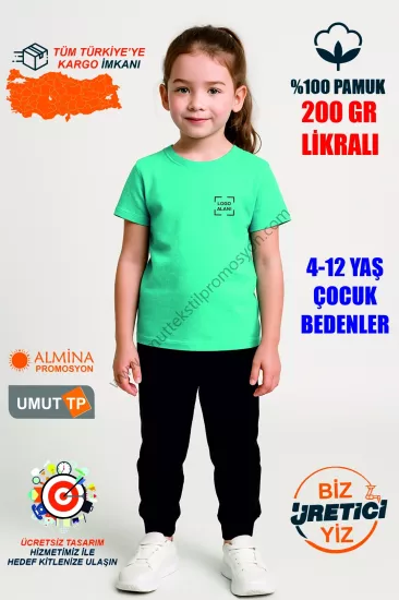 Toptan %100 Pamuk Turkuaz Çocuk Tişört İmalatı