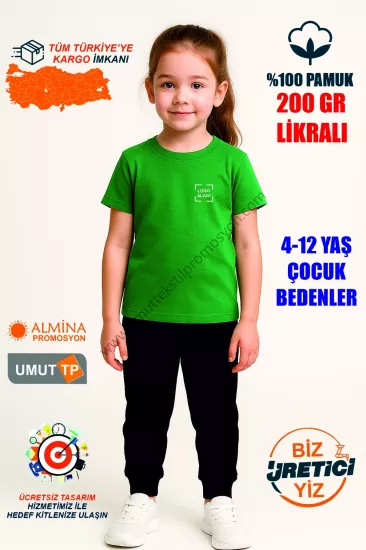Toptan %100 Pamuk Yeşil Çocuk Tişört İmalatı