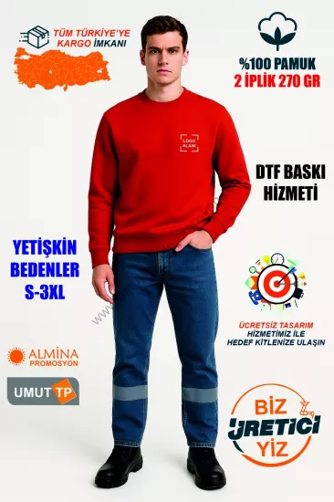 Toptan Bisiklet Yaka 2 İplik Kırmızı Sweatshirt