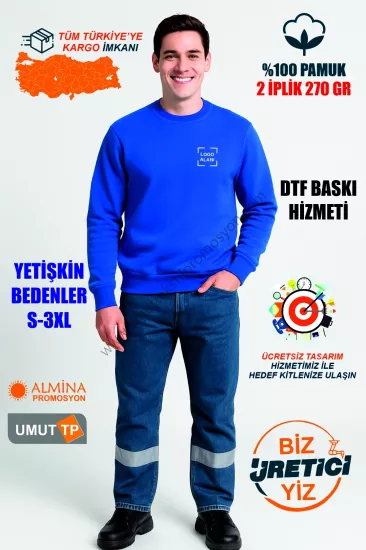 Toptan Bisiklet Yaka 2 İplik Saks Mavi Sweatshirt