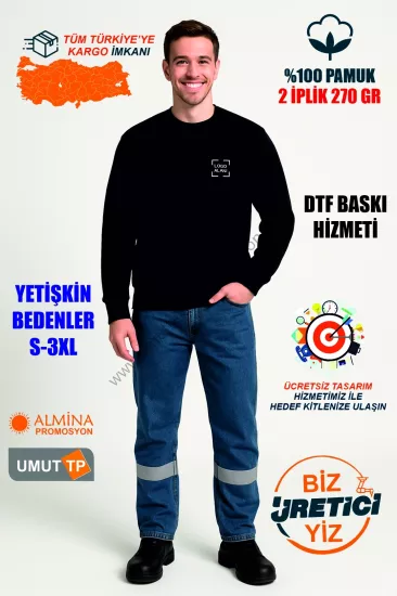 Toptan Bisiklet Yaka 2 İplik Siyah Sweatshirt