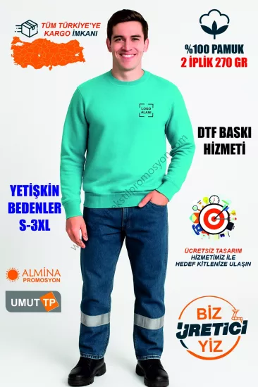 Toptan Bisiklet Yaka 2 İplik Turkuaz Sweatshirt