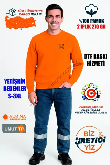 Toptan Bisiklet Yaka 2 İplik Turuncu Sweatshirt