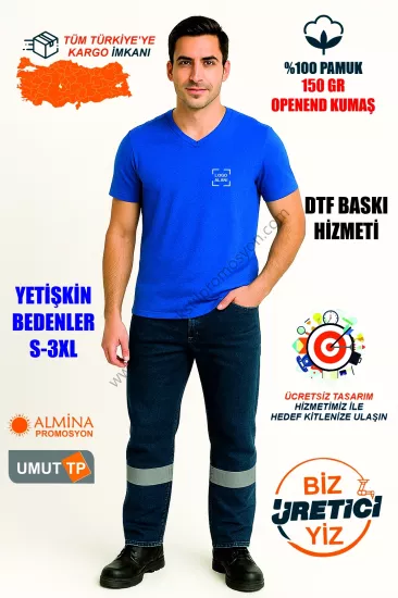 Toptan V Yaka %100 Pamuk Saks Tişört