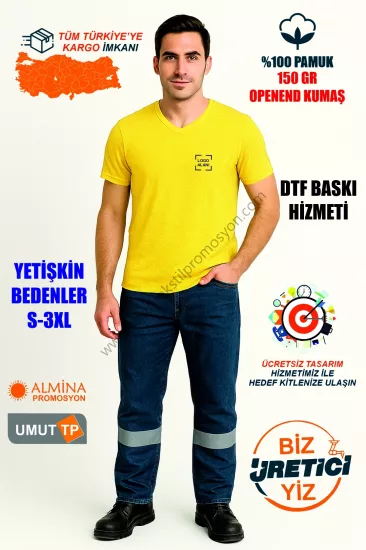 Toptan V Yaka %100 Pamuk Sarı Tişört